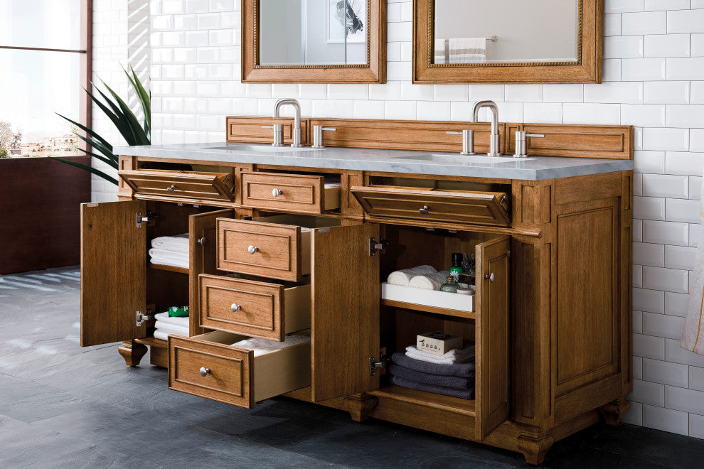 Bristol 72" Double Vanity Bright White, Saddle Brown, Eternal Jasmine Pearl, Three-Hole