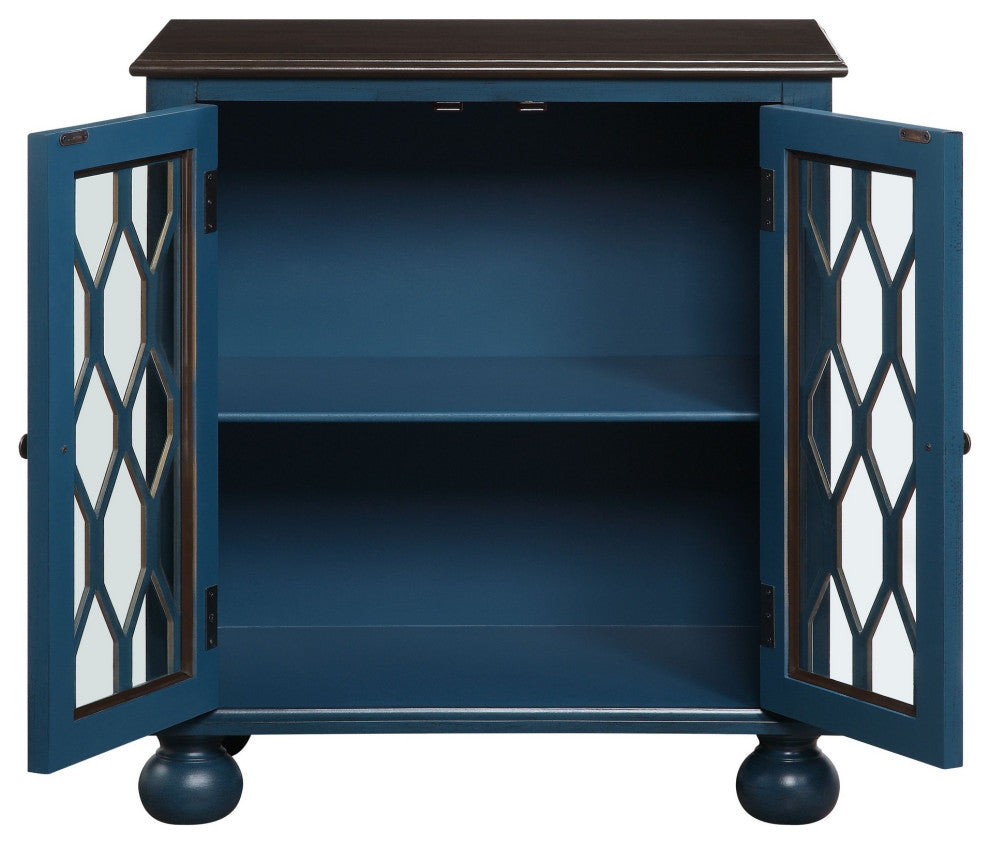 Benzara BM251333 Console Table With Trellis Pattern Door/1 Shelf, Antique Blue