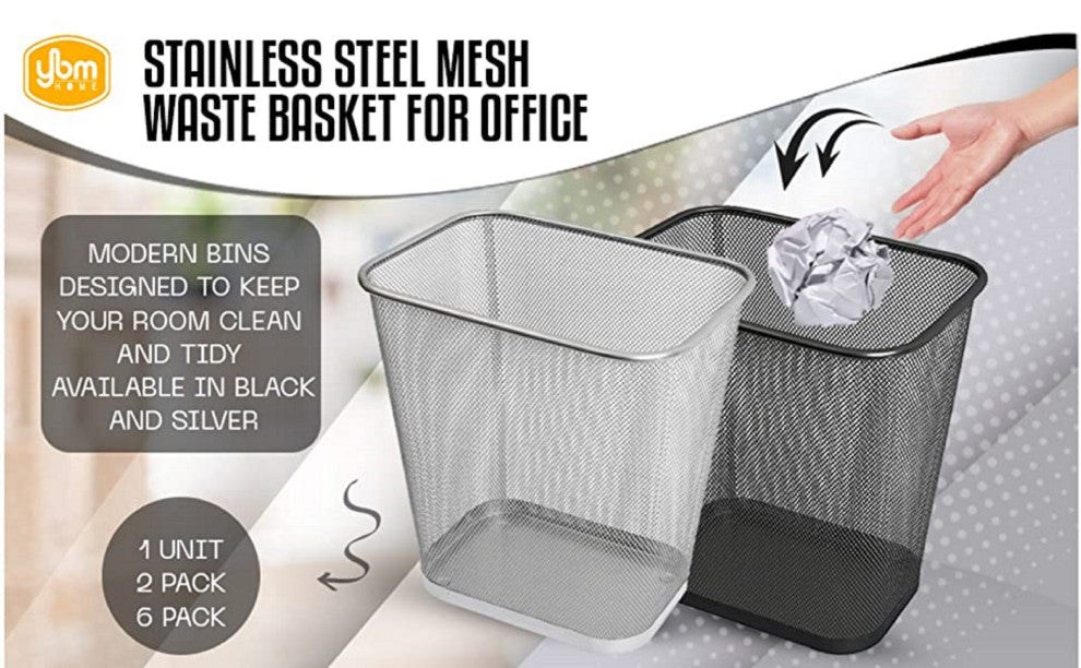 YBM Home Steel Black Mesh Rectangular Open Top Waste Basket 3 Gallon, 6-Pack