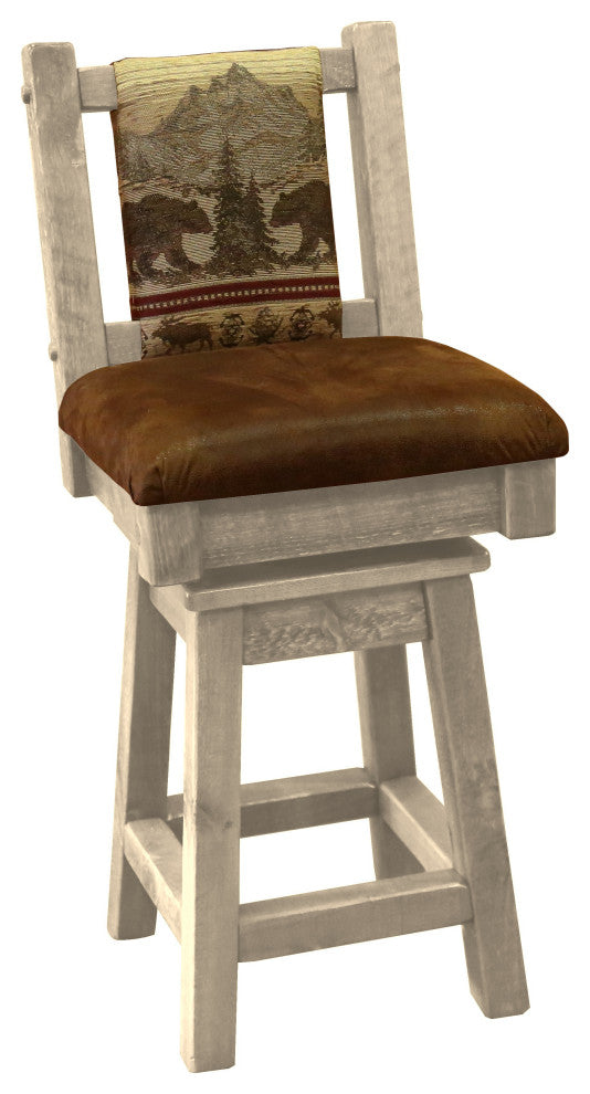Barnwood Style Timber Peg Swivel Upholstered Barstool, Frost, Bear Run and Palomino Tobacco, Counter Height