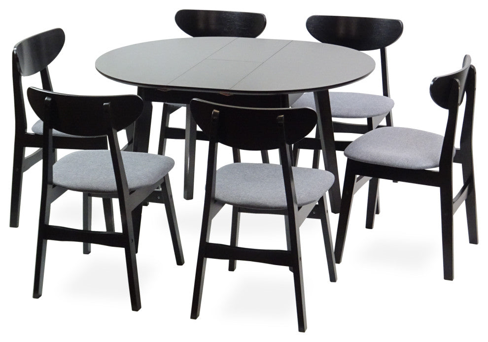 Dining Room Set of 6 Yumiko Chairs and Extendable Round Table, Black Color