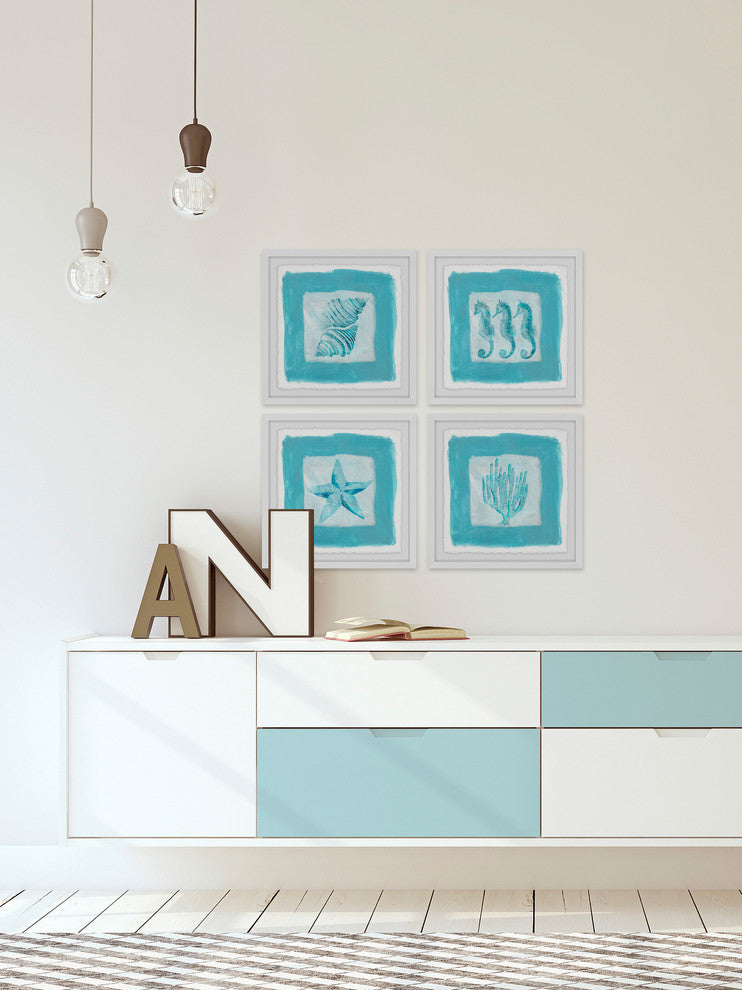 "Sea Life Blue Quadriptych" Framed Painting Prints, 24"x24", 4-Piece Set