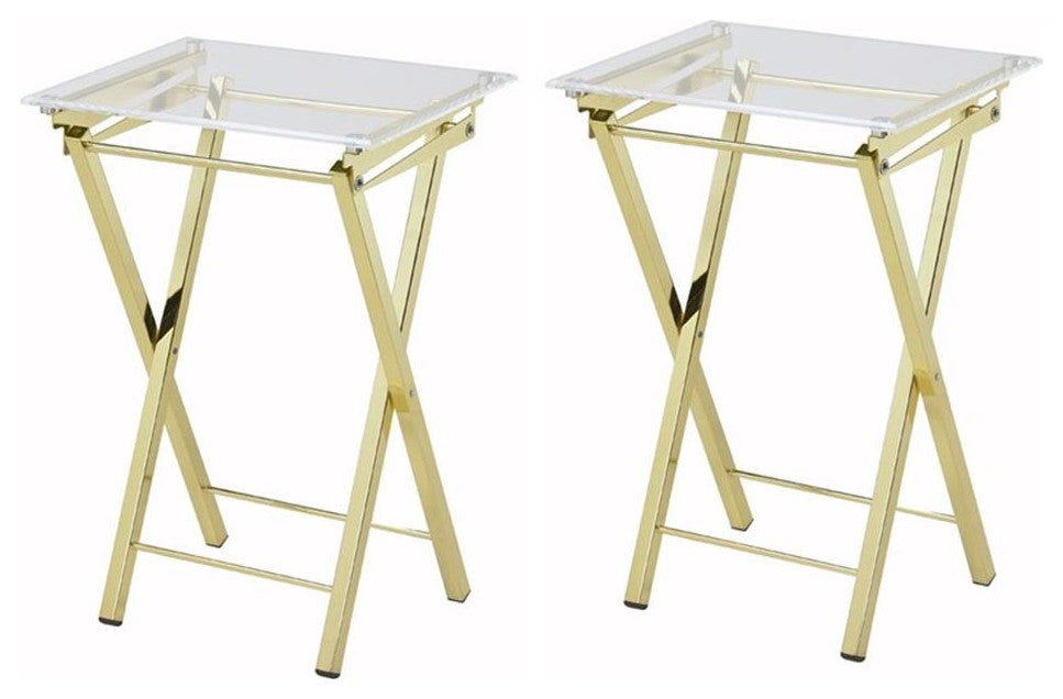 Fox Hill Trading Millenial Acrylic Metal Folding Tray Table in Gold (Set of 2)