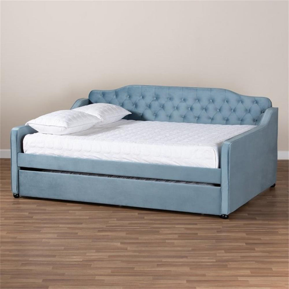 Bowery Hill Transitional Velvet Tufted Queen Size Daybed with Trundle in Blue