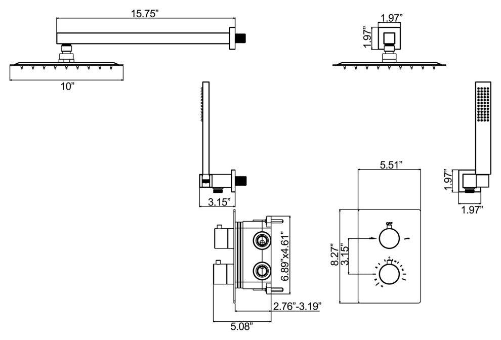 Thermostatic Rain Shower System with Hand Shower and Rough-in Valve, Matte Black