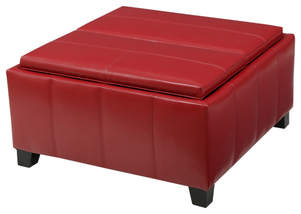 GDF Studio Justin Brown Leather Tray Top Storage Ottoman, Red