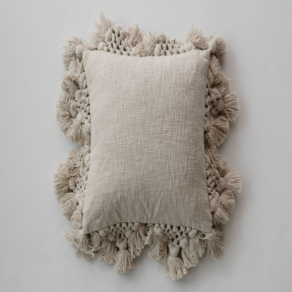 Square Crochet and Tassels Cream Cotton Slub Pillow