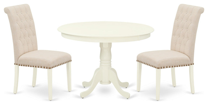 3Pc Dinette Set, Rounded Table, Two Chairs, Light Beige Fabric, Linen White