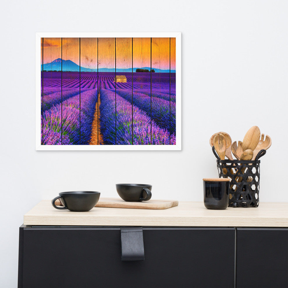 Faux Wood Lavender Fields and Sunset Landscape Framed Photo Paper Wall Art Print, White, 16" X 20"