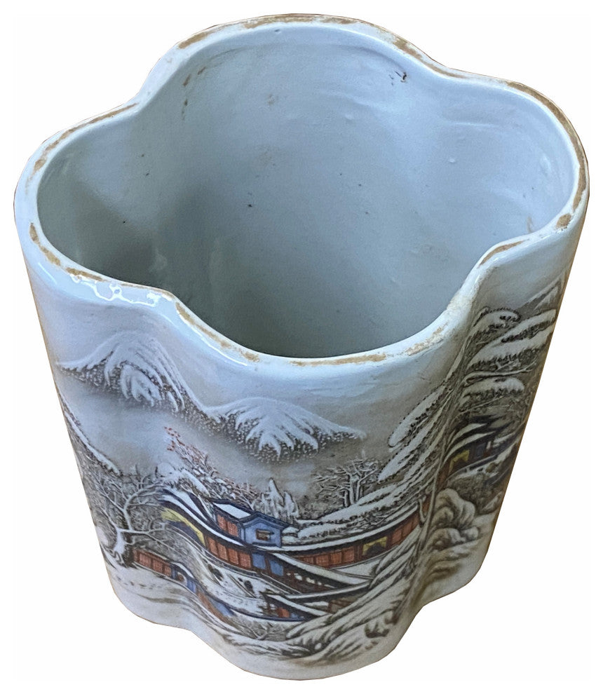 Chinese Off White Porcelain Snow Scenery Flower Shape Vase Hws2356