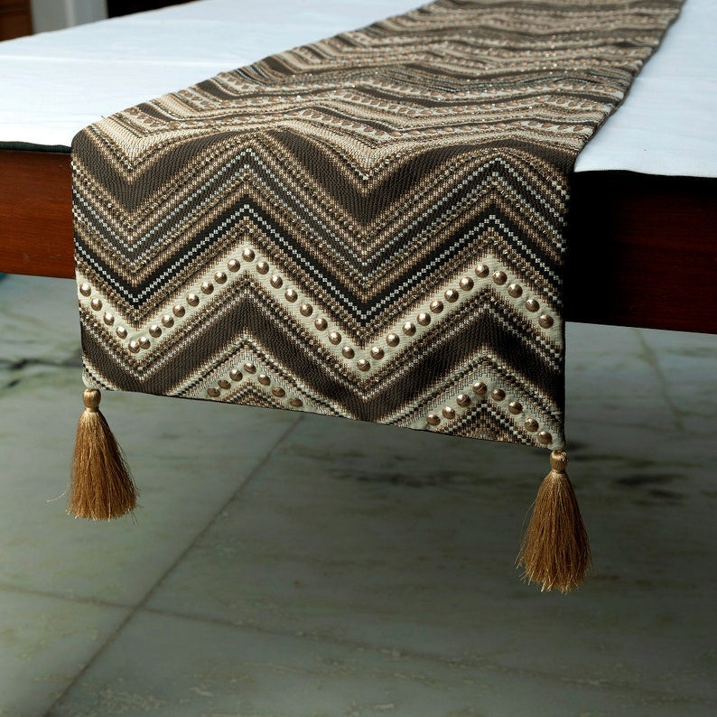 Decorative Table Runner Brown Jacquard Silk, Beaded & Tassels - Timberland