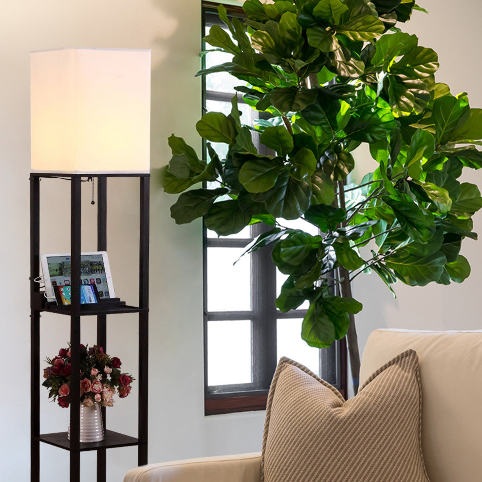 Brightech Maxwell Charger - Shelf Floor Lamp with USB Charging and Outlet LED, Classic Black
