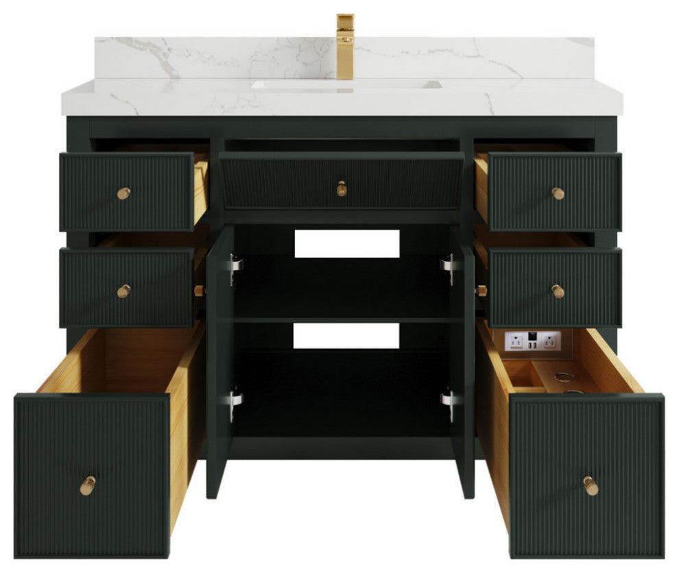 Sonoma 48 Single Sink Reeded Bath Vanity in Dark Forest Green 2" Calacatta Laza