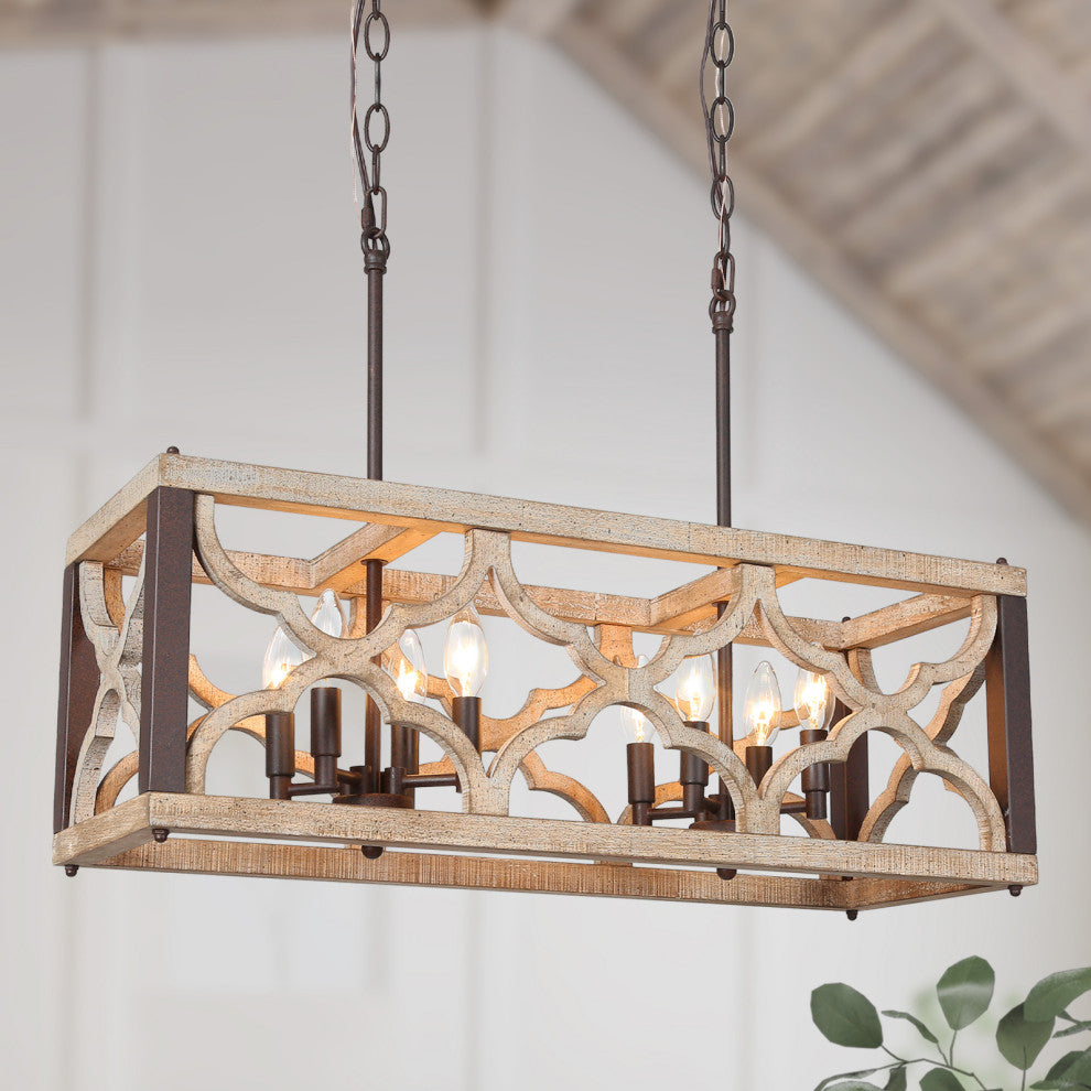 LNC 8-Light Distressed Wood 27.5" Chandelier, Rectangle, Farmhouse