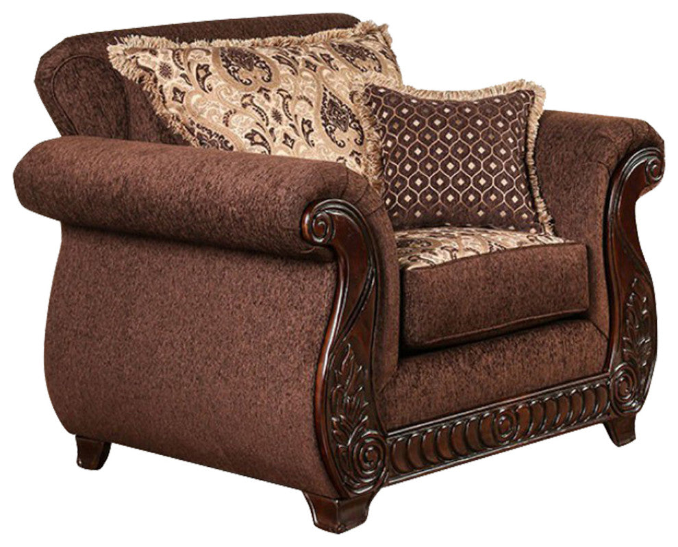 Fabric Upholstered Chair with Rolled Arms Design, Brown, Gold