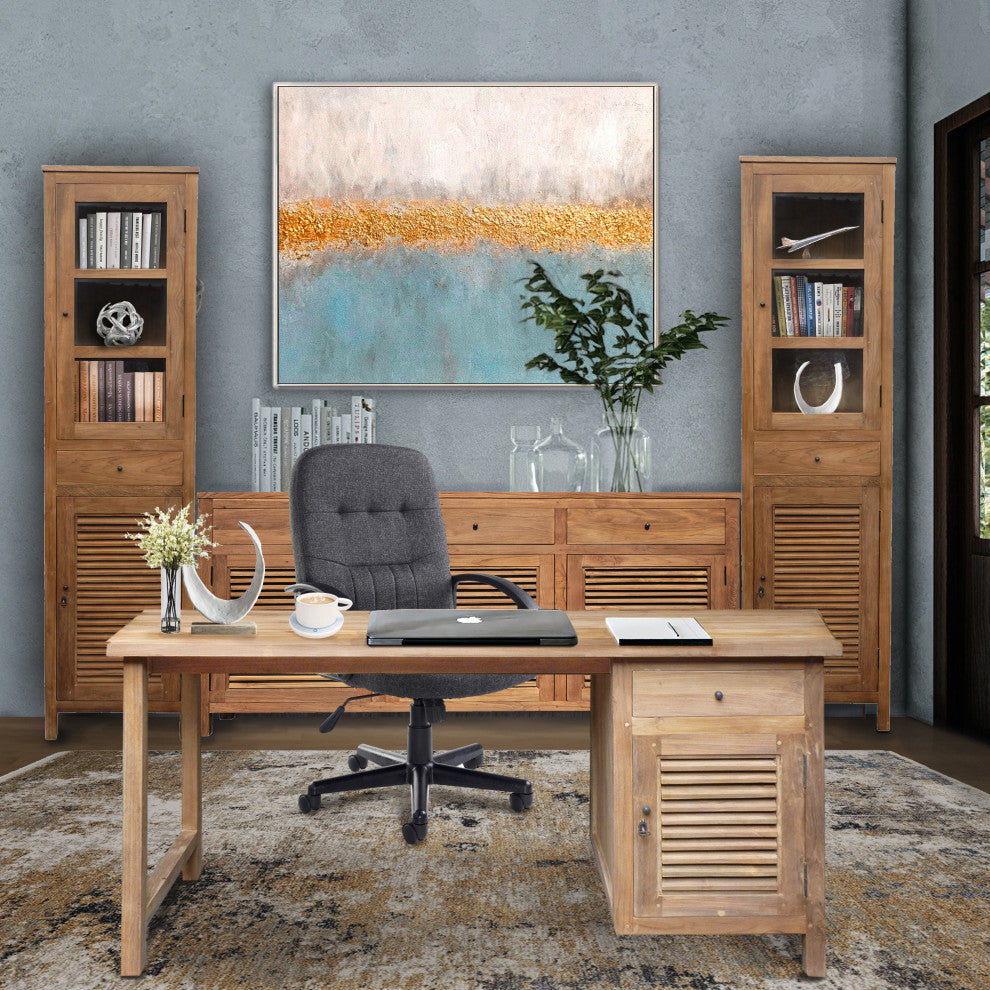 Recycled Teak Wood Louvre Writing Desk with 1 Door & Drawer