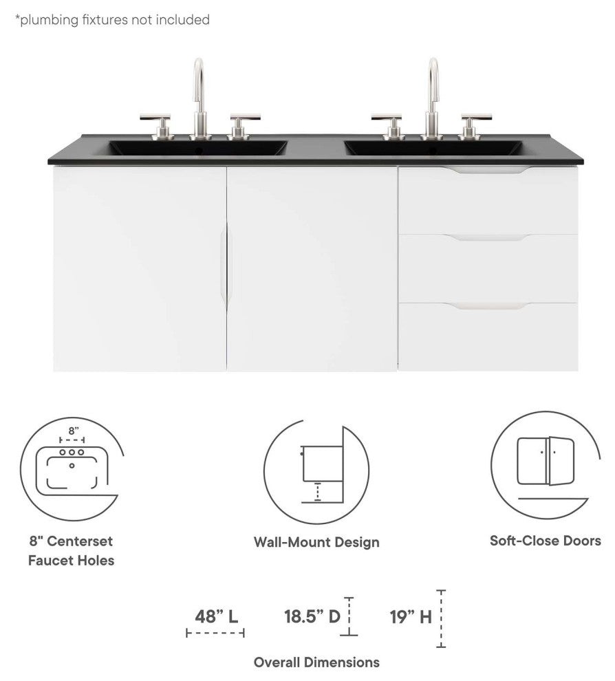 Double Sink Vanity Cabinet, Black White, Ceramic, Modern, Hotel Bathroom