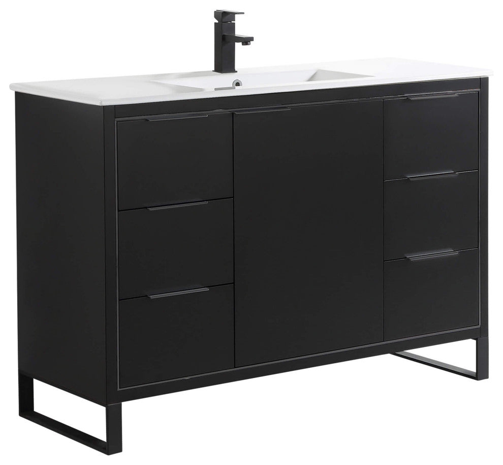Opulence Bath Vanity, White Ceramic Sink, Black Matte, 48", Black Hardware
