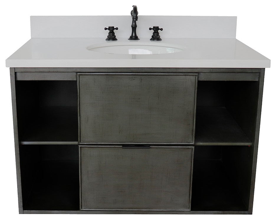 37" Single Wall Mount Vanity, Linen Gray Finish With White Engineered Stone Top