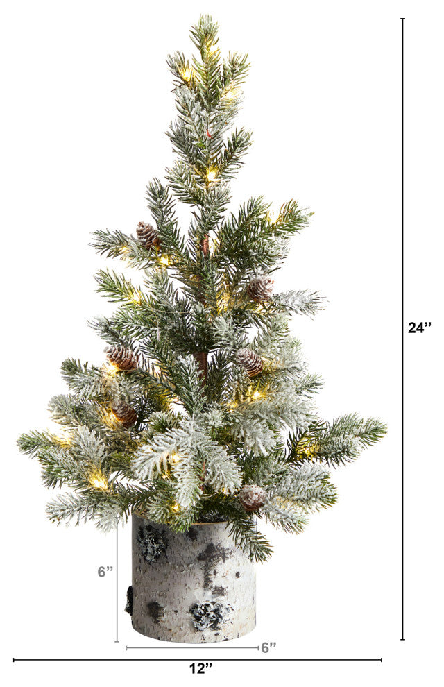 24" Flocked Xmas Faux Tree, Decorative Birch Bark Planter With 30 LED lights