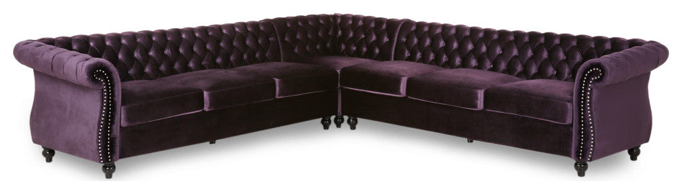 Annabelle 7 Seater Velvet Tufted Chesterfield Sectional, Blackberry, Dark Brown, Velvet