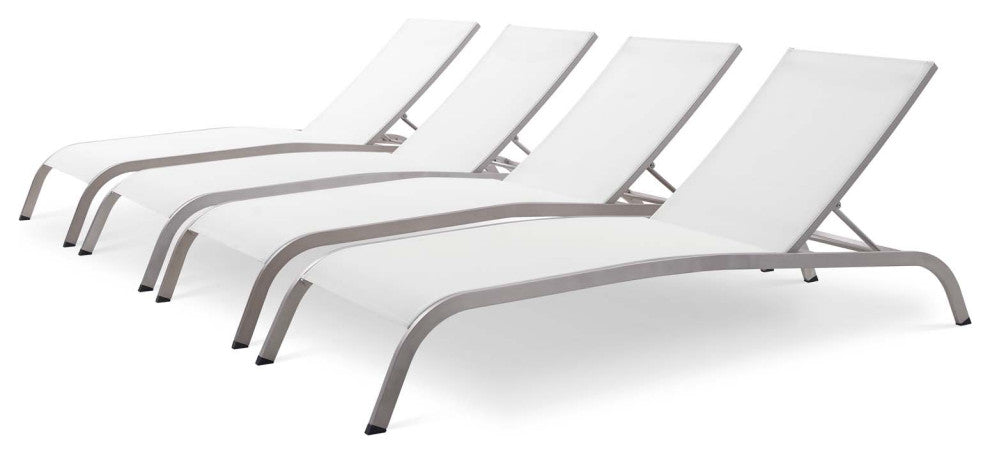 Lounge Chair Chaise, Set of 4, Aluminum, Metal, White, Modern, Outdoor Patio