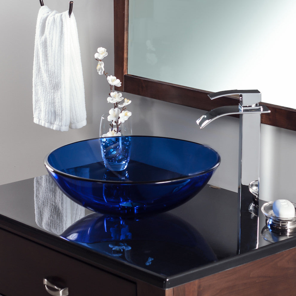 Blu Glass Vessel Sink and Drain, Chrome