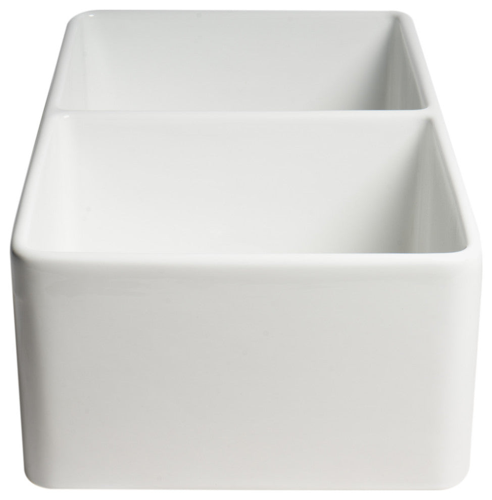 Smooth Apron Fireclay Farm Sink, White, 33"x18", Double Bowl