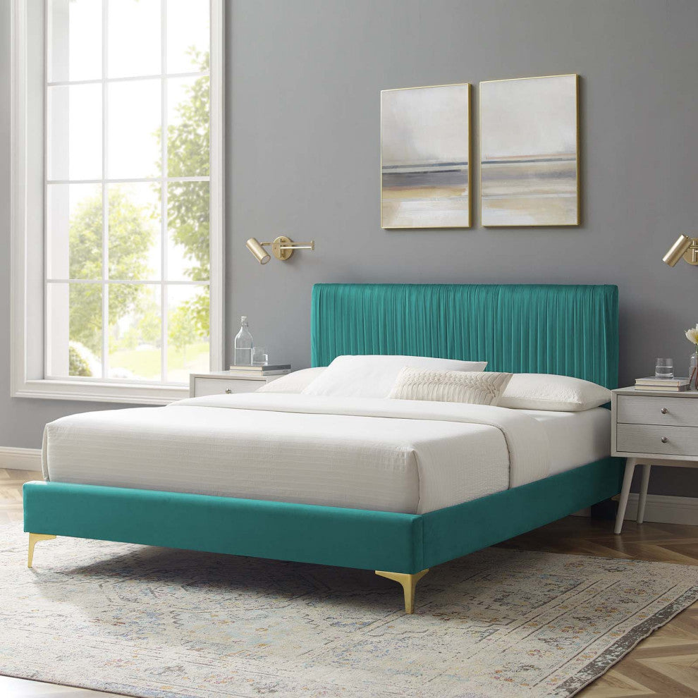 Platform Bed Frame, King Size, Velvet, Teal Blue, Modern Contemporary, Bedroom