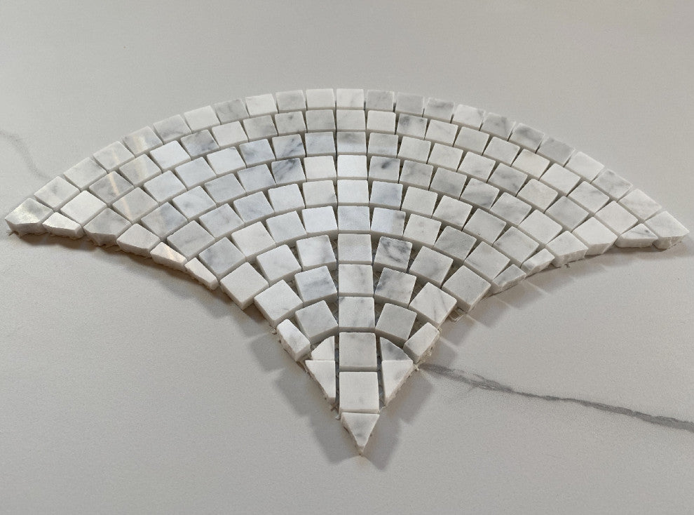 Carrara Marble European Fan Mini Tile Fish Scale Scallop Mosaic Polish, 1 sheet