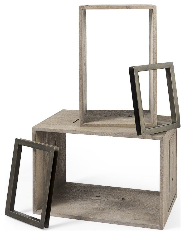 Set of Two Rustic Light Gray Brown Cube Box Shelves