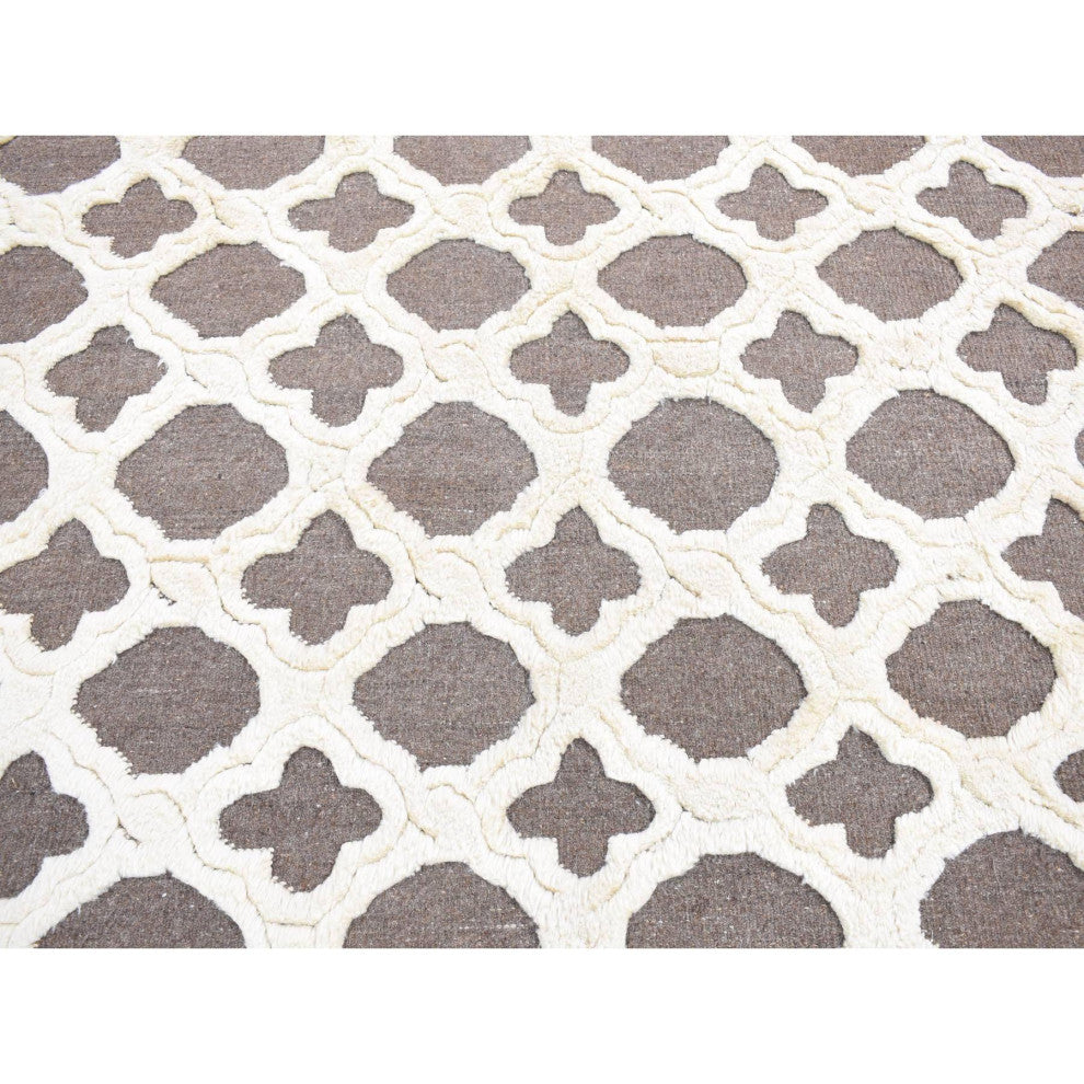 Ivory and Gray, Soft Wool, Hand Knotted, High and Lo Pile Rug, 9'3"x11'7"