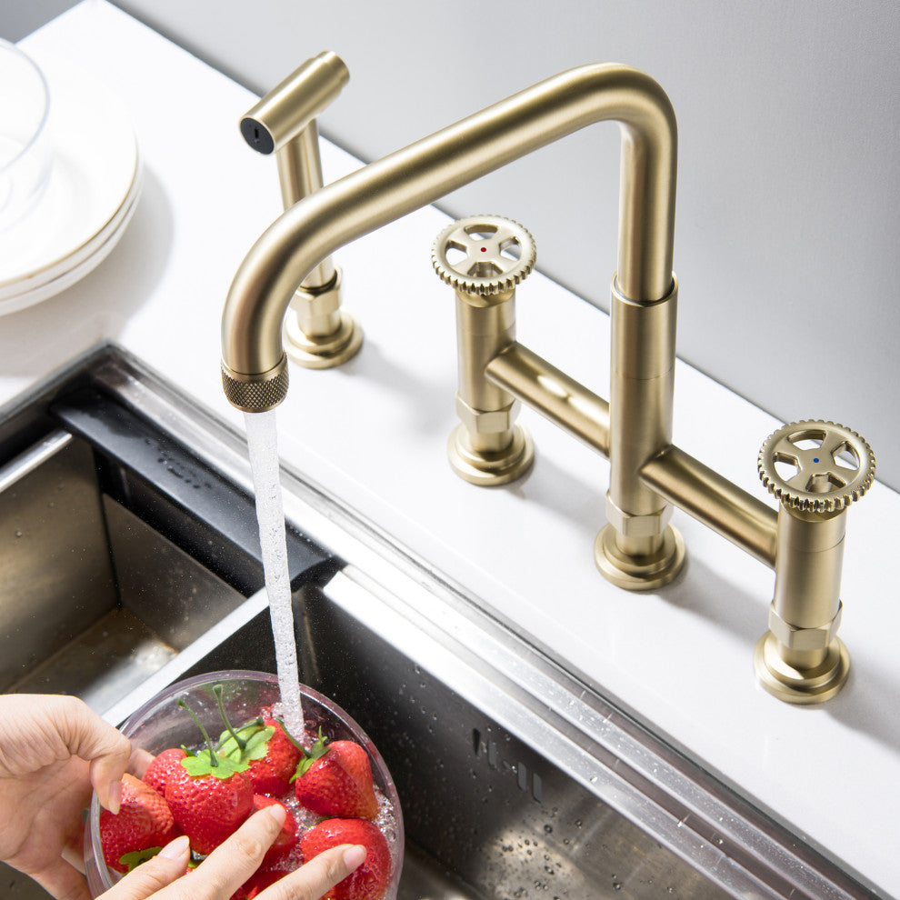 Deck-Mount Bridge Kitchen Sink Faucet With Dual Wheel Handles and Side Sprayer,