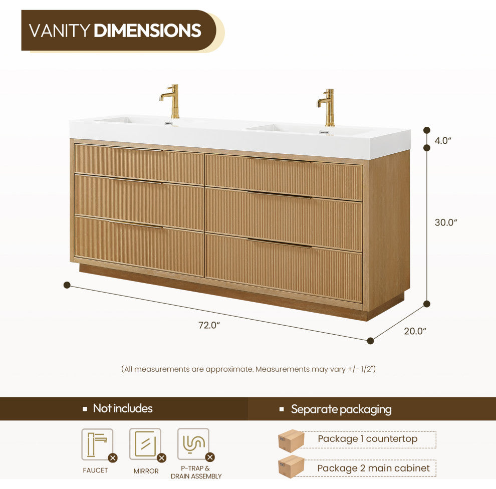 Hohhot Bath Vanity, Stone Sink Top No Mirror, Washed Ash Gray, 72", Double Vanity