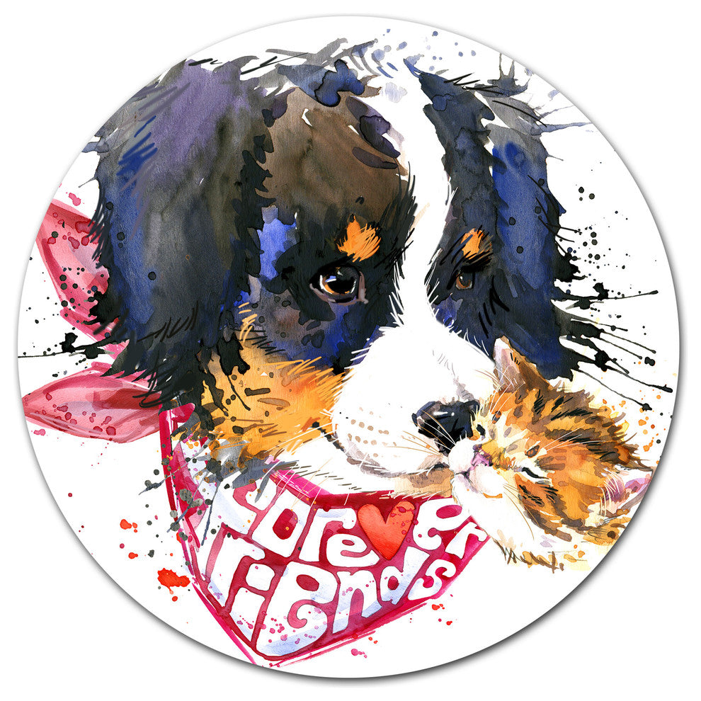 Dog And Cat Friends Forever, Animal Round Wall Art, 23"