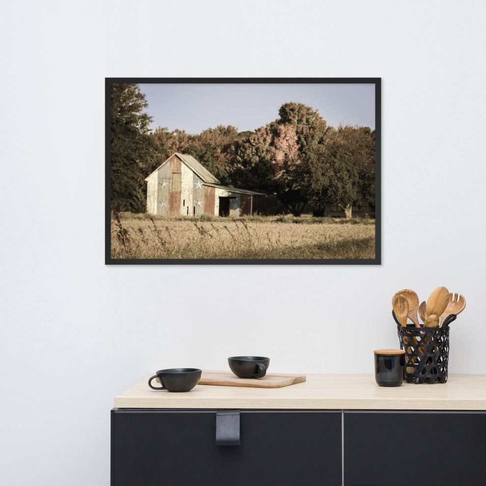 Patriotic Barn in Field Aged Effect Framed Photo Paper Wall Art Prints, Black, 24" X 36"