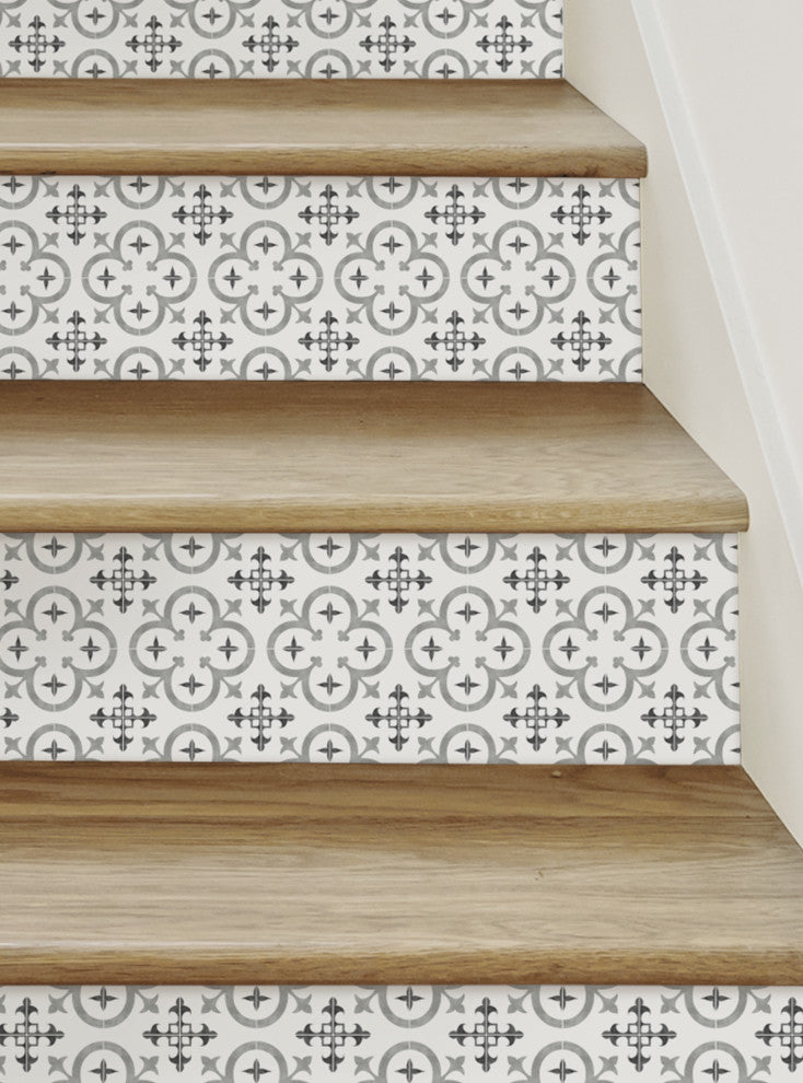 Flower Moroccan Tile Peel and Stick Stair Riser Strips, Grey, 48"w X 6"h, 6 Pack
