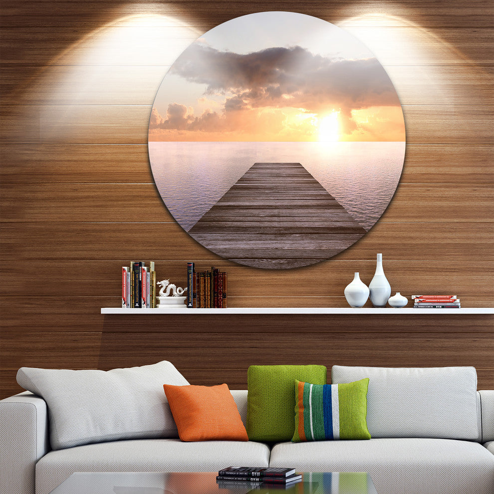 Yellow Sea And Brown Pier, Seascape Photo Round Metal Wall Art, 23"