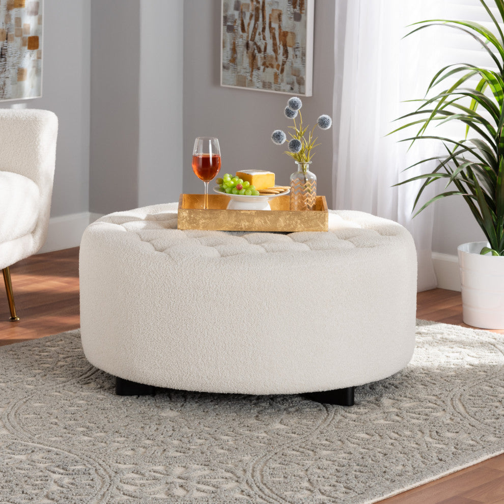 Demeter Ivory Boucle Ottoman, Round