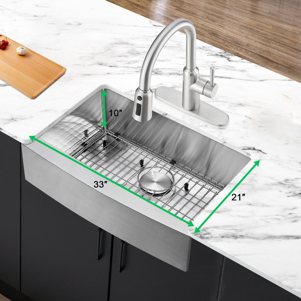 33" Farmhouse Kitchen Sink and Faucet Combo, Drain  Strainer, Protective Grid