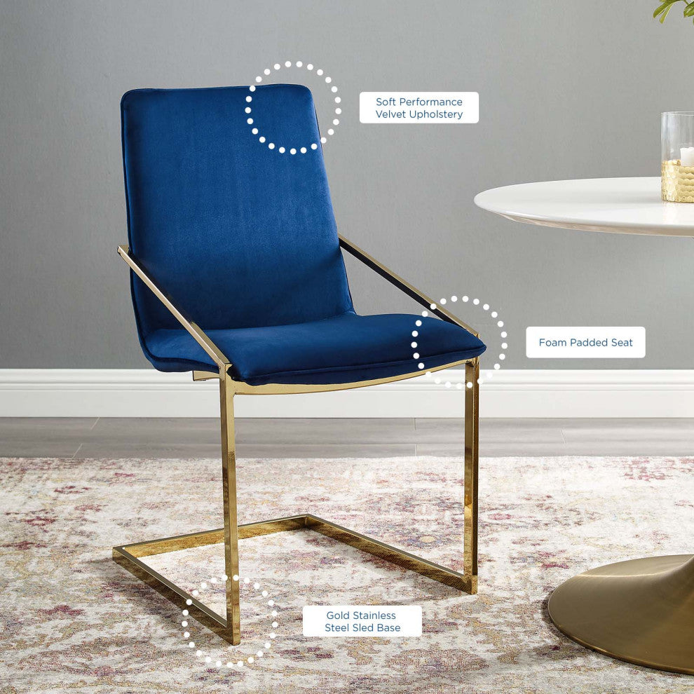 Side Dining Chair, Velvet, Metal, Gold Blue Navy, Modern, Cafe Bistro Restaurant