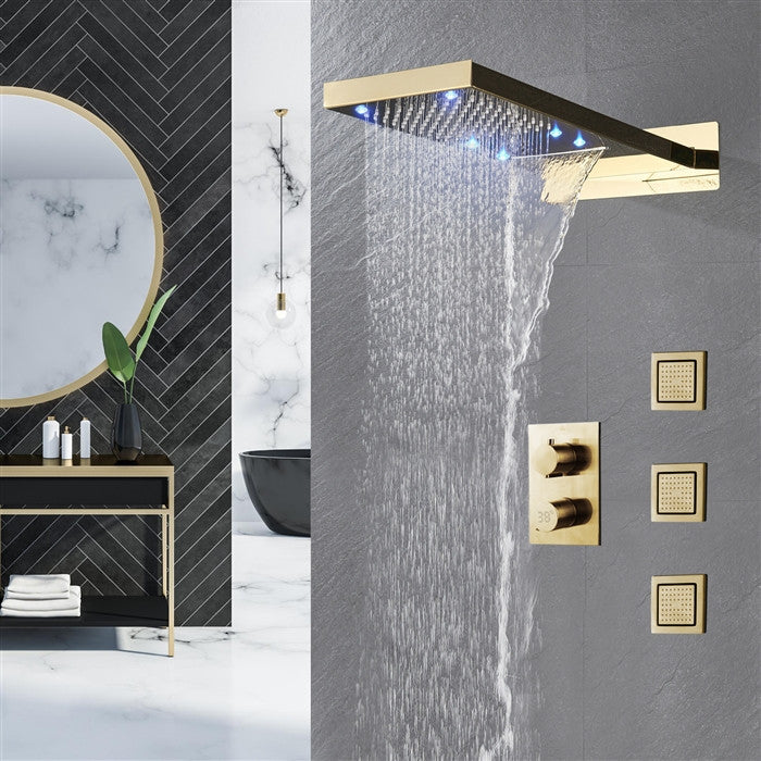 Cosenza 22" Brushed Gold Rainfall Shower System, 3 Jetted Body Sprays, Led