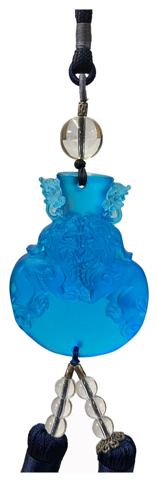 Crystal Glass Fengshui Fortune Blue Foo Dogs Lions Decor Tassel, Hws2194