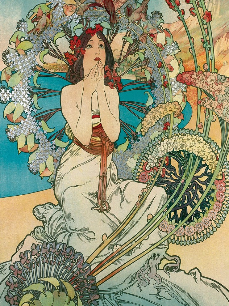 Tile Mural, Monaco Monte Carlo Girl Sea Birds By Alfons Mucha Ceramic, Glossy