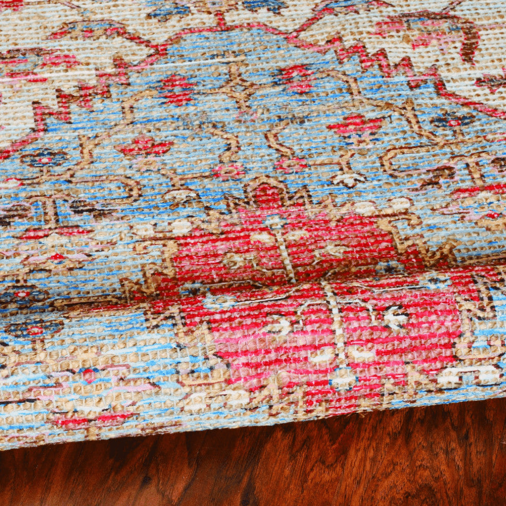 5' X 7' Blue and Beige Medallion Hand Woven Distressed Area Rug