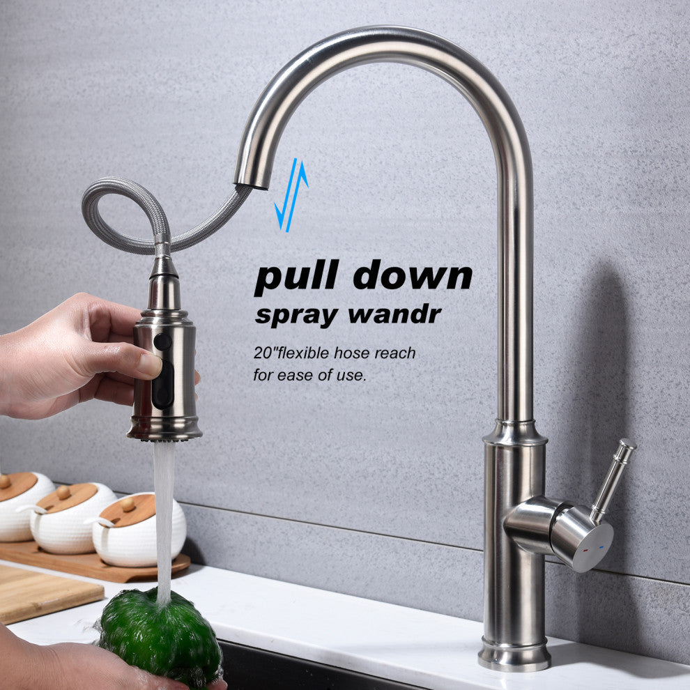 Wellfor Single Handle Pull Down Kitchen Sink Faucet, Brushed Nickel