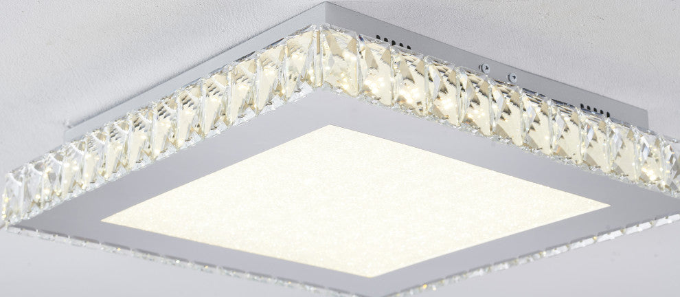 Square Clear Crystal Flush Mount, Stainless Steel Frame, Beaded Crystal Cover