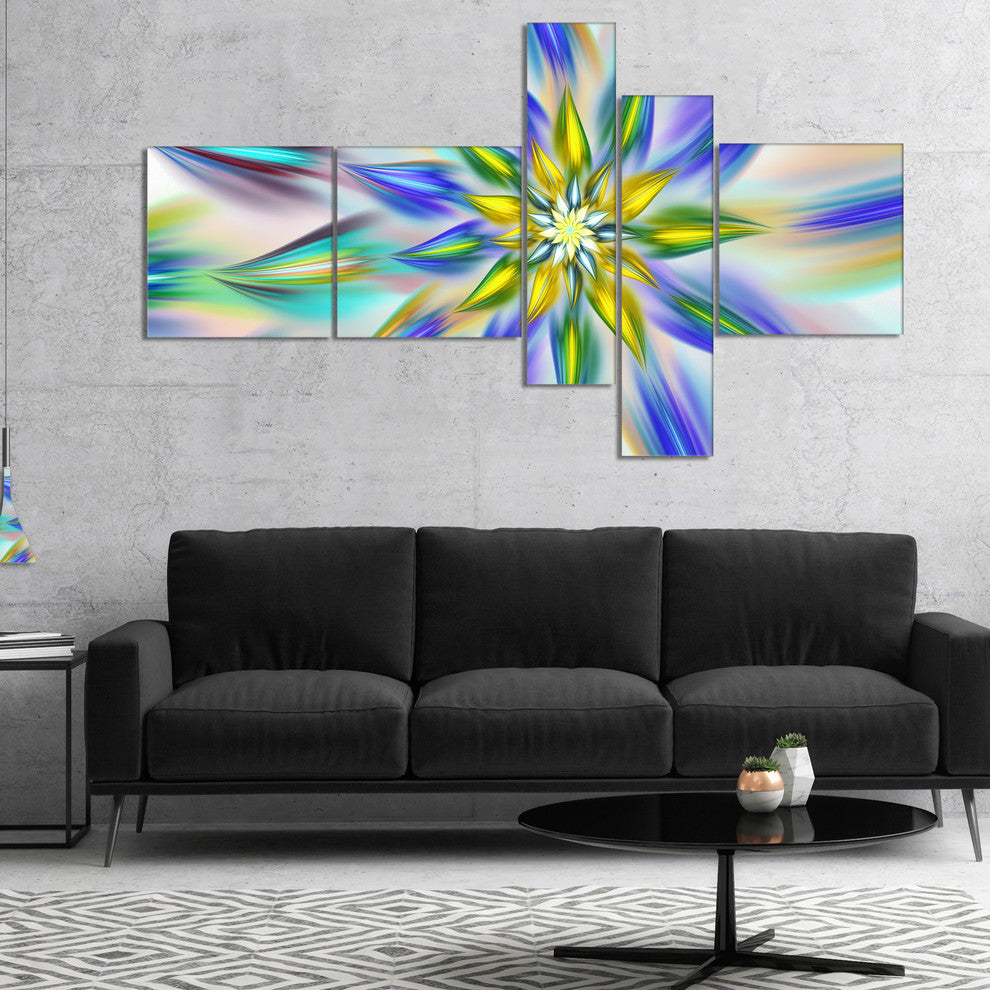 Dancing Blue Fractal Flower, Floral Canvas Art Print, 60"x32", 5 panels
