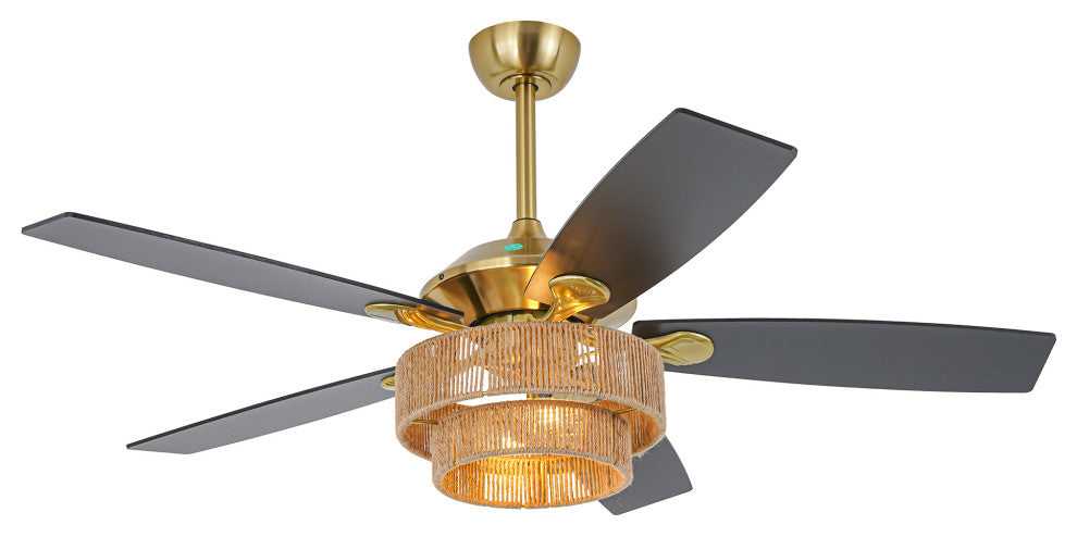 52 in Farmhouse Brushed Gold Ceiling fan with Hemp Rope Shade