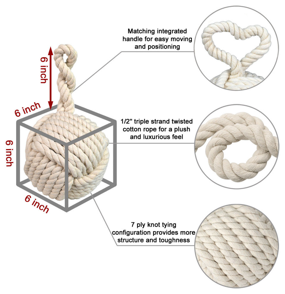 6" Dia. Cream Monkey Fist Rope Knot Door Stopper, Nautical Wedge, Bookend- Ivory
